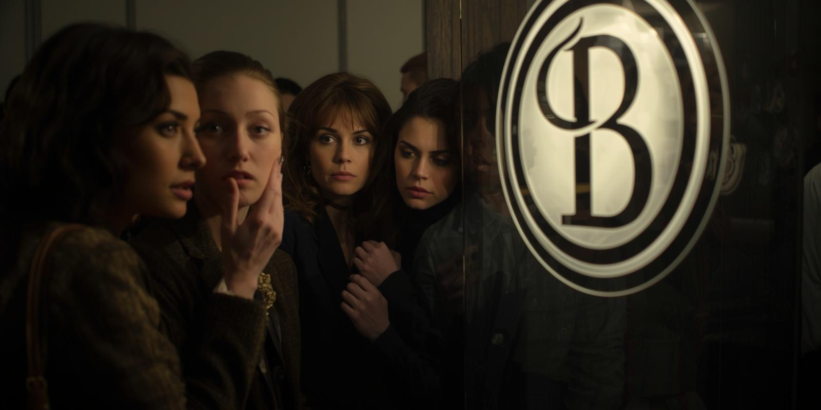 A group of women making judement in front of a sign