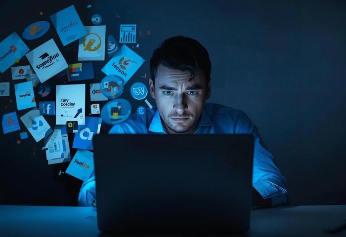 A man looking at his screen looking confused