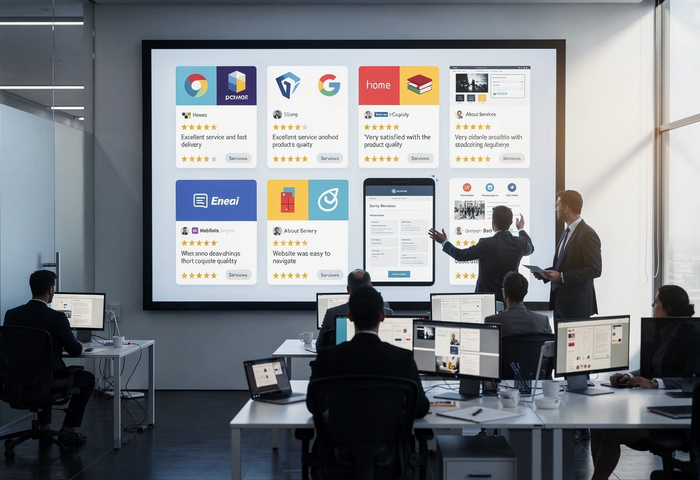 People in a room looking at a big screen at what people are saying about thier brand