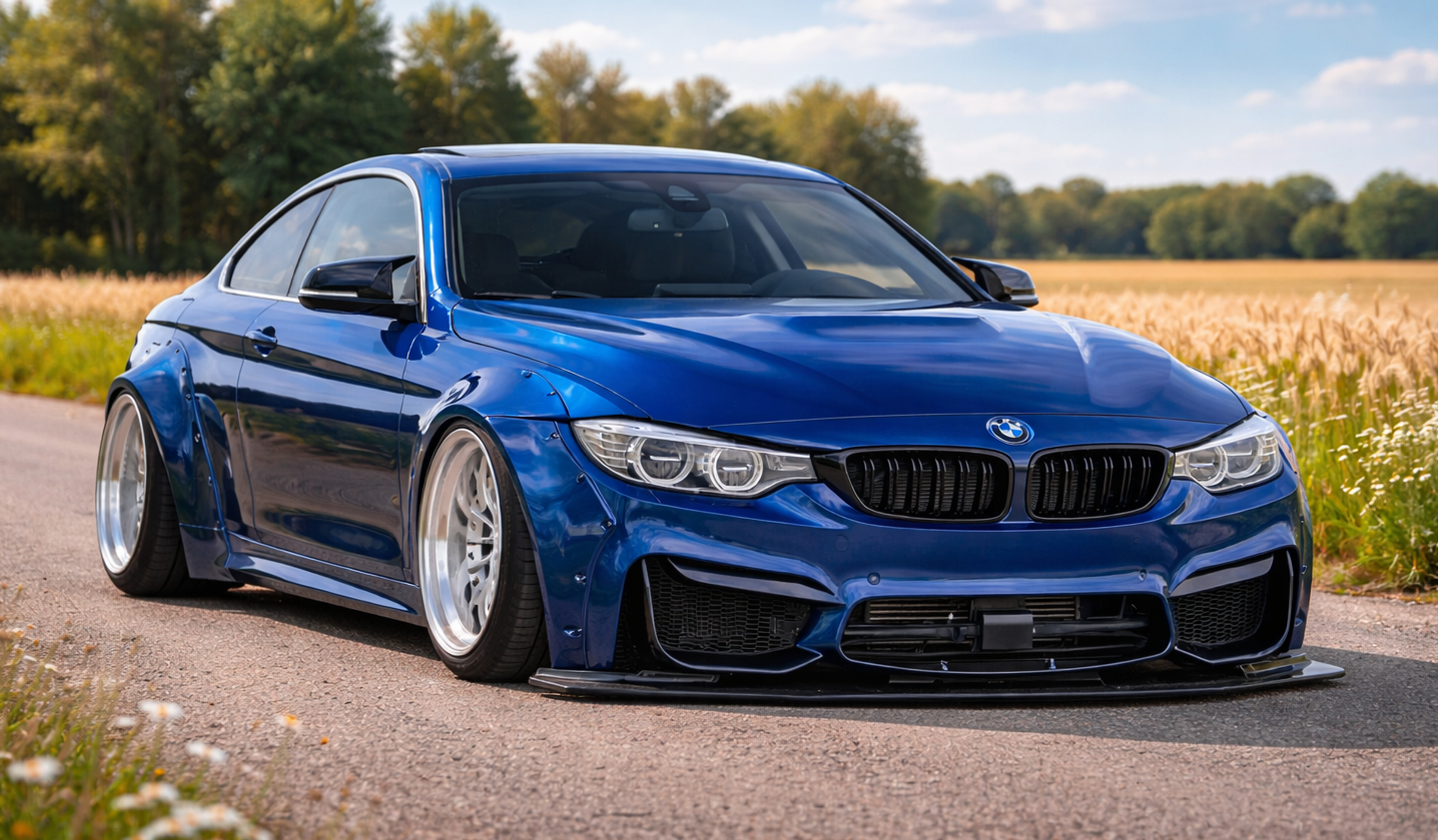En blå och sänkt BMW M4 vid landsväg