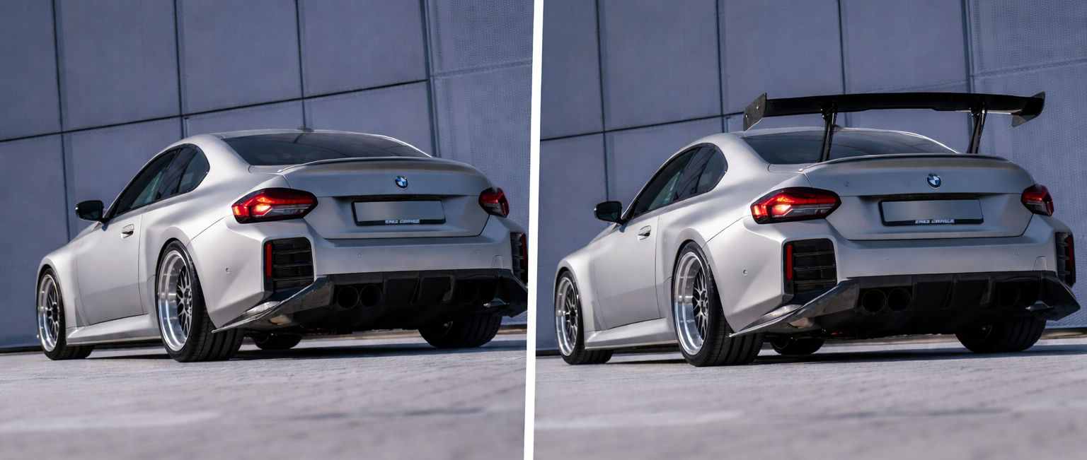 BMW M2 med och utan bakvinge – jämförelse som visar skillnaden i styling och utseende