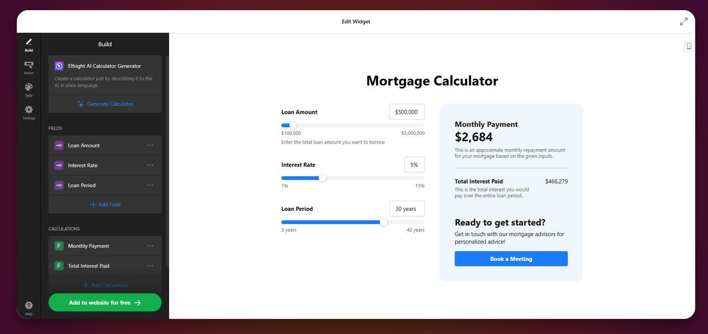 Embedded mortgage repayment calculator on a mortgage broker website allowing visitors to estimate loan repayments and borrowing costs.