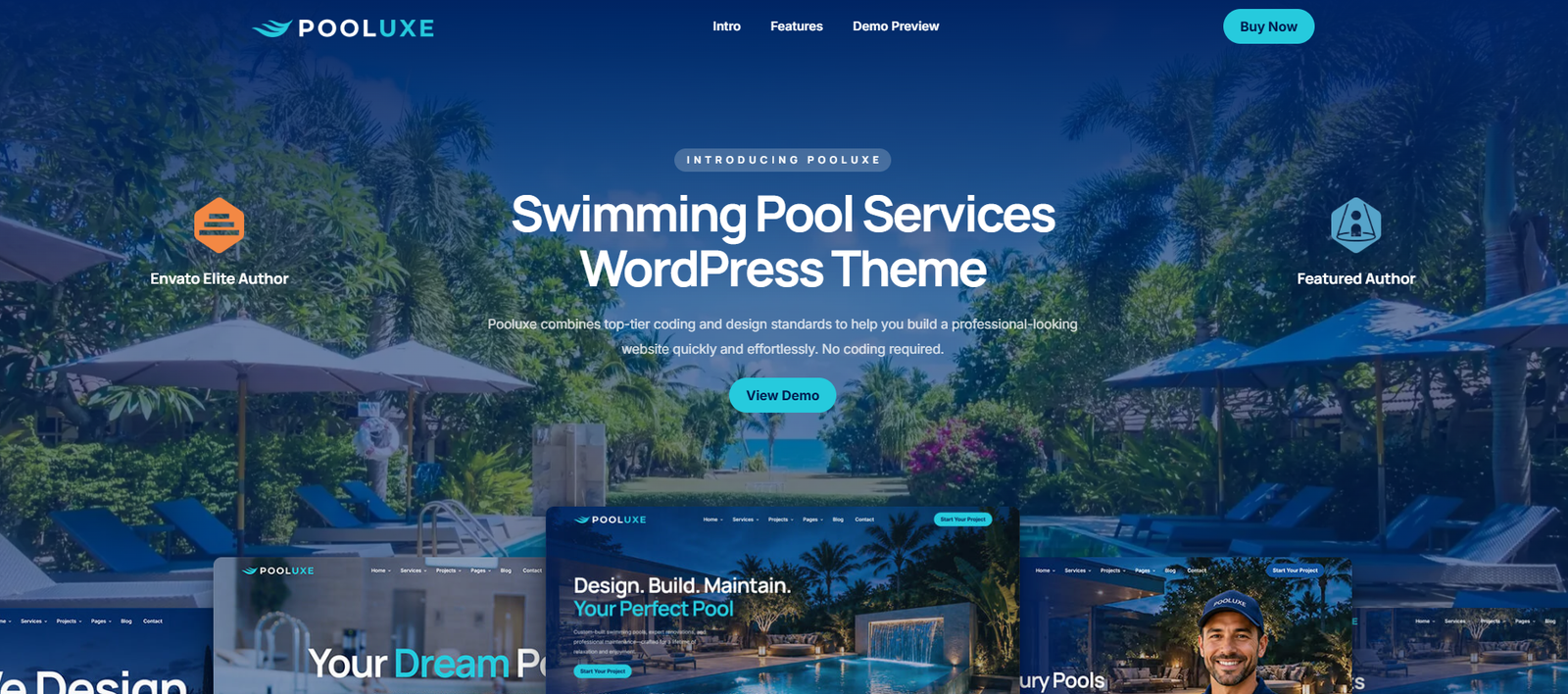 Pooluxe swimming pool services WordPress theme showing multiple pool builder website homepage designs and demo layouts.