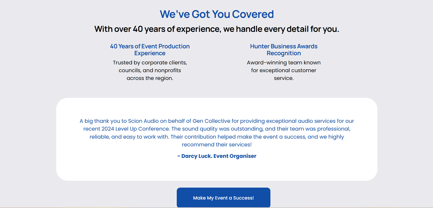 Scion Audio & Events website showing 40 years of experience, Hunter Business Awards recognition and client testimonial