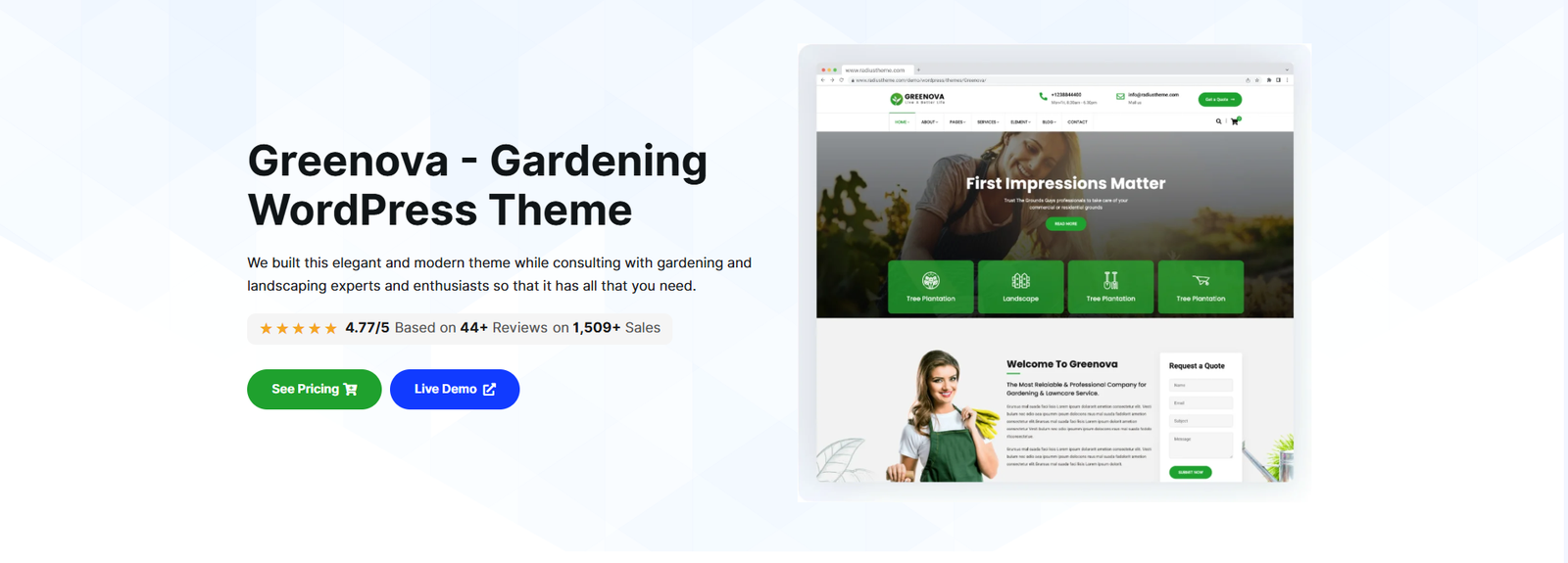 Landscaping WordPress theme showcasing a professional landscaping business website with services and project imagery.