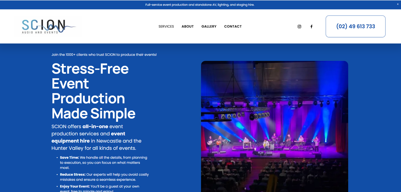 Scion Audio & Events Squarespace homepage with Stress-Free Event Production Made Simple headline