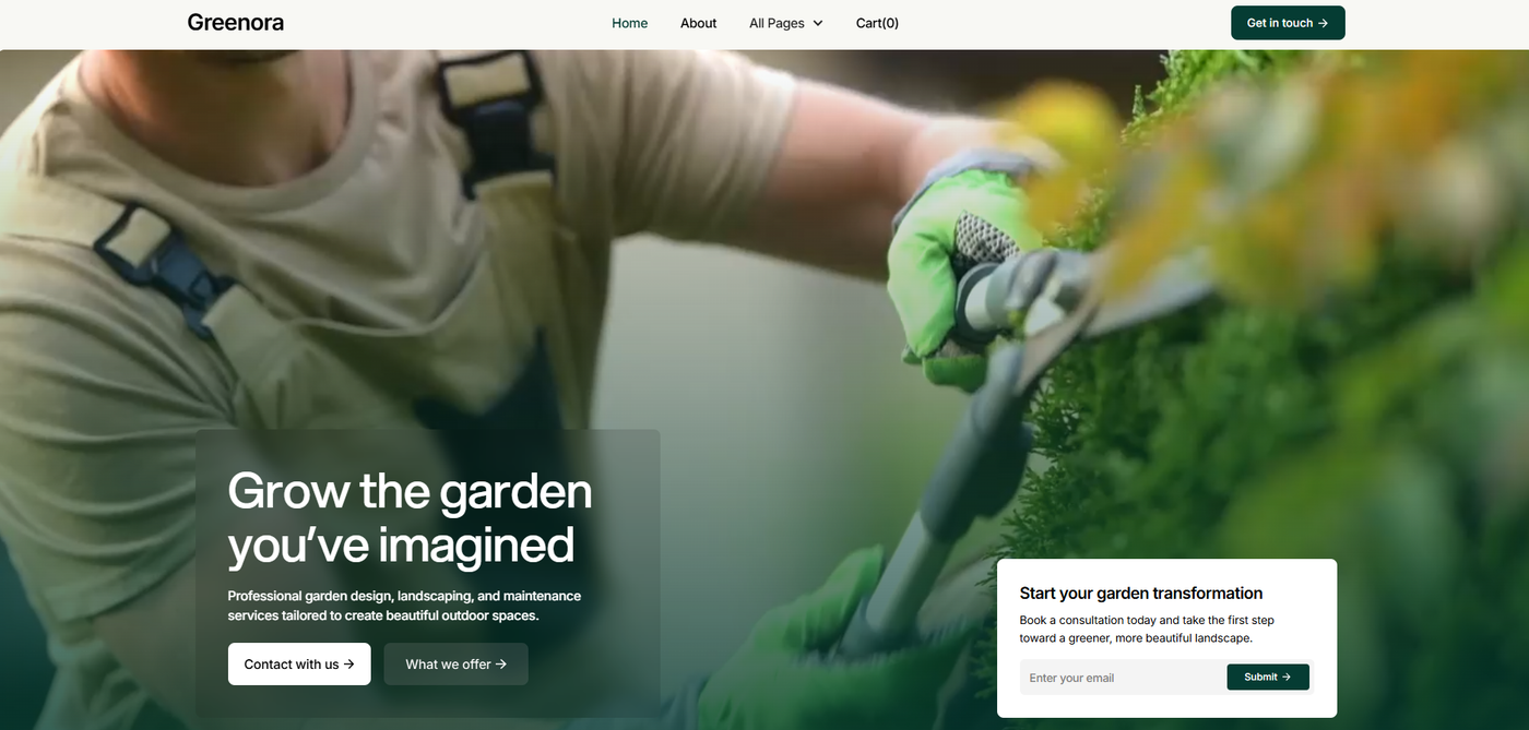Alternative Greenora Webflow landscaping template homepage featuring residential garden design and landscaping services