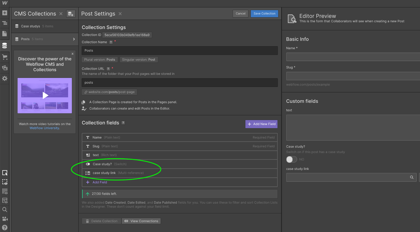 Webflow CMS interface for managing website content and blog posts