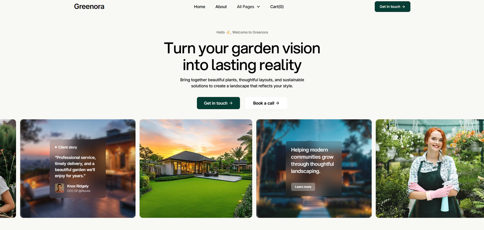 Greenora Webflow landscaping website template homepage with large garden project photography and modern landscaping business layout