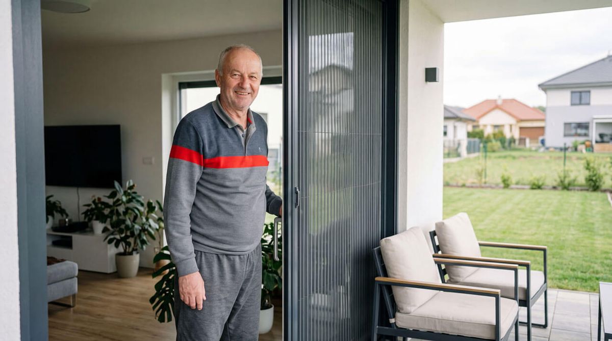 Nasmejani stariji muškarac stoji na ulazu u modernu kuću i otvara klizna staklena vrata koja vode na terasu sa stolicama i pogledom na dvorište i okolne kuće.