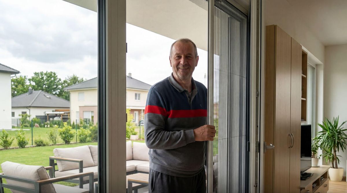 Nasmejani stariji muškarac stoji pored kliznih staklenih vrata i pomera komarnik, dok se u pozadini vidi terasa sa nameštajem i dvorište sa kućama.