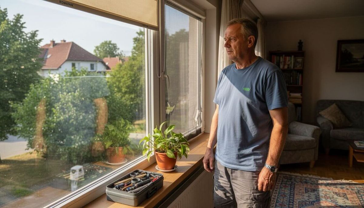 Muškarac stoji pored prozora sa ugrađenim komarnikom i gleda kroz prozor