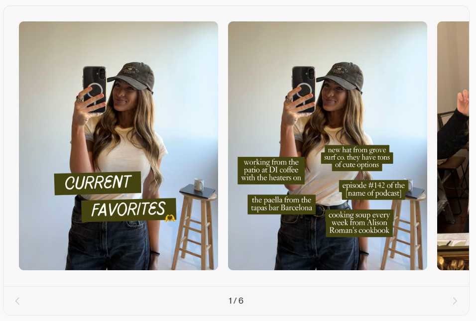Coffee & Contracts’ Current favorites template showing Haley Ingram mirror selfie with ‘current favorites’ lifestyle list.
