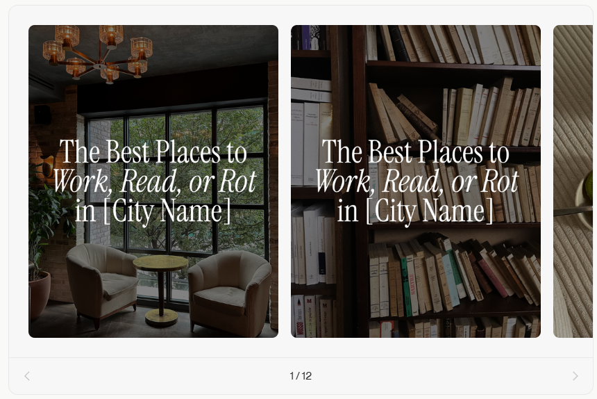 Coffee & Contracts ‘The best places to work, read or rot in [city]’ template showing Cozy reading and work spaces featured in a local city guide.