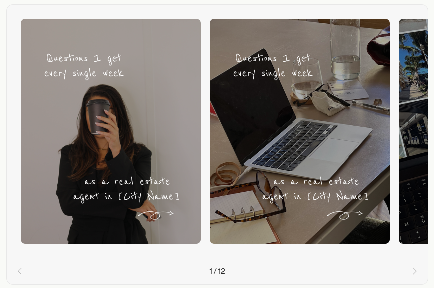 The “Questions I get asked every week as a real estate agent” template with a coffee portrait and laptop desk scene and text about weekly real estate questions. 