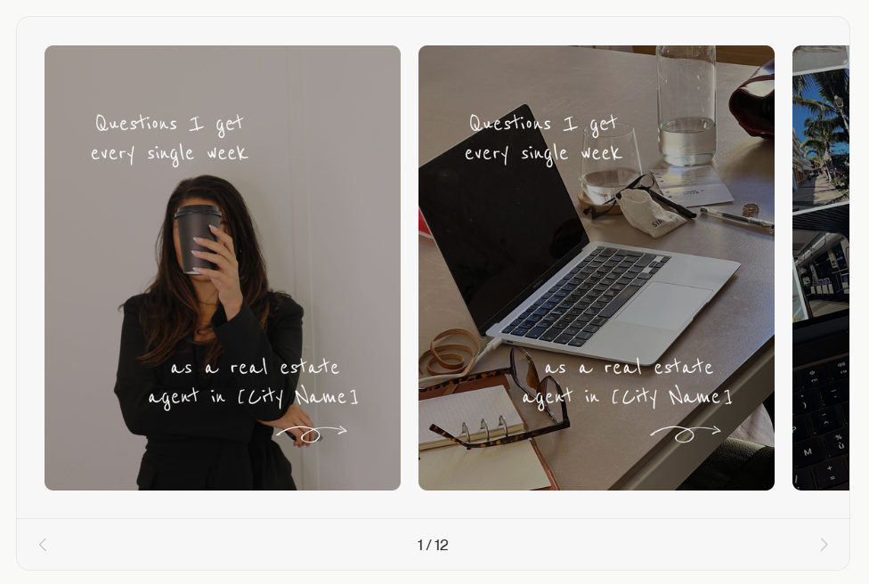 Use the ‘Questions I get asked every week as a real estate agent’ template showing a woman with coffee and a laptop desk with text about weekly real estate questions. 