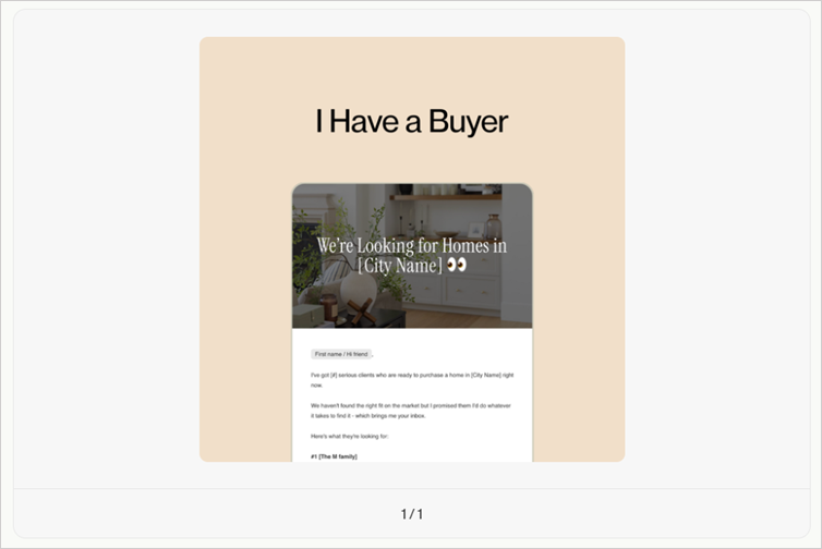Coffee & Contracts’ I Have a Buyer template showing sample email with detailed heading