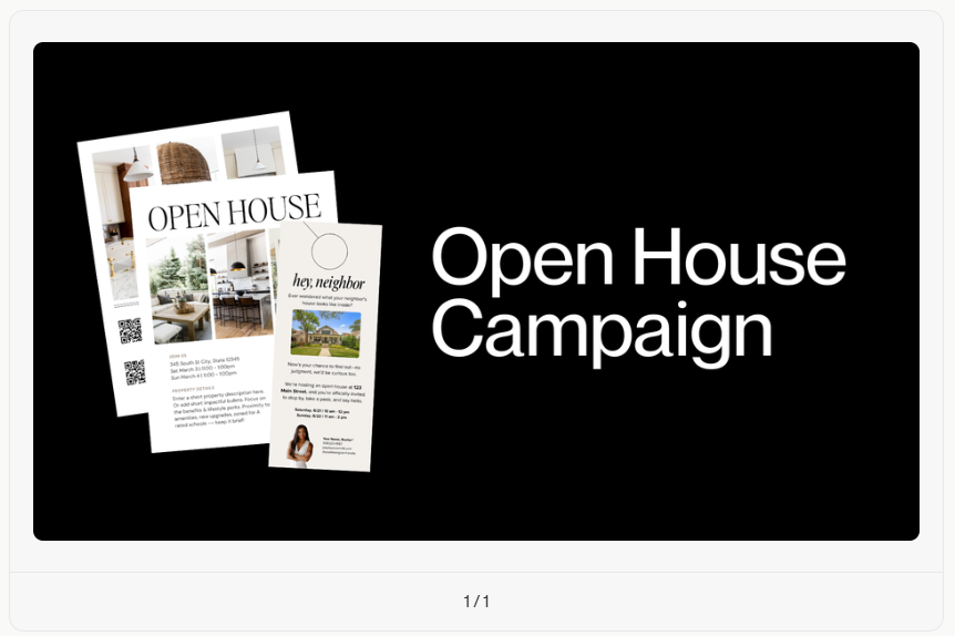 Coffee & Contracts Open House Campaign template Open House showing real estate flyer and tag templates on a black background.