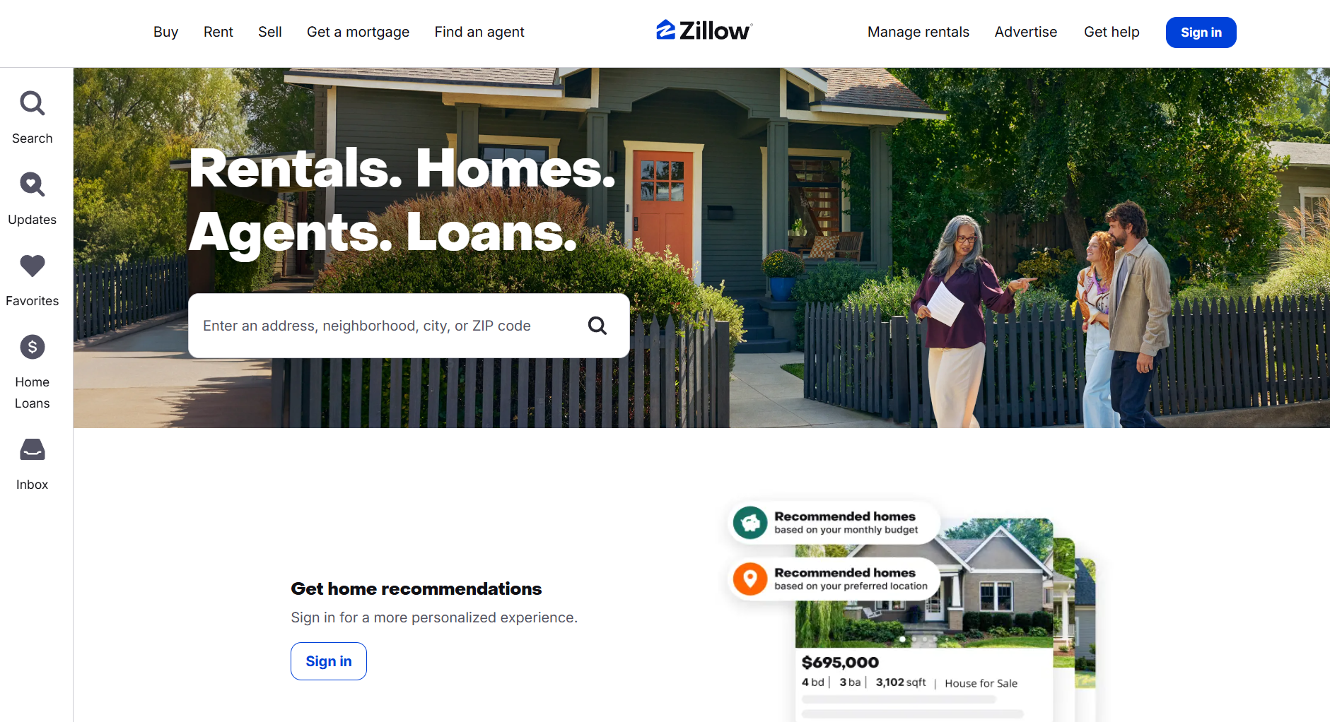  Zillow homepage showing property search interface with navigation for buying, renting, selling and loans.