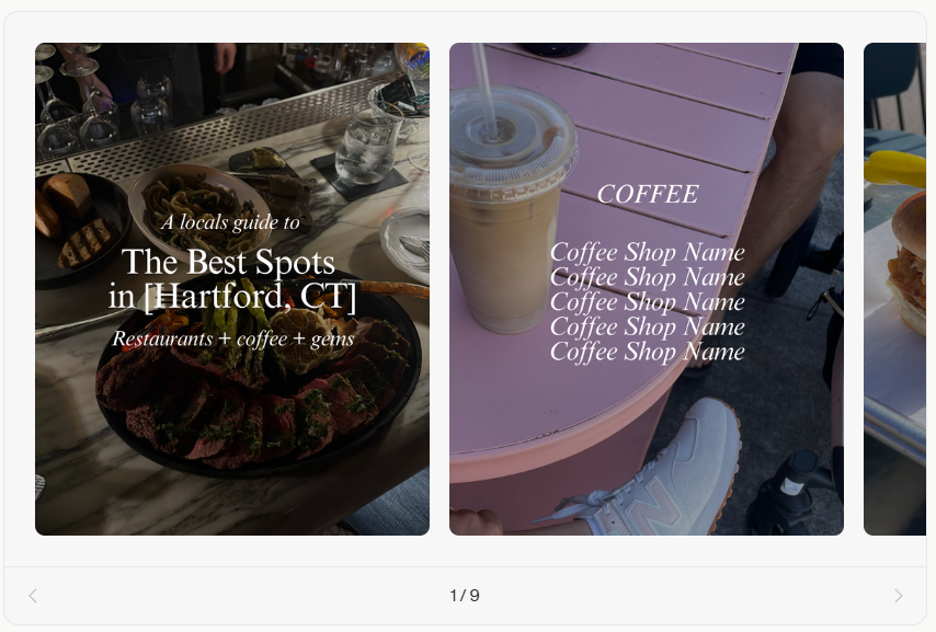A local guide social media template featuring restaurant dishes and an iced coffee with a list of coffee shop recommendations.