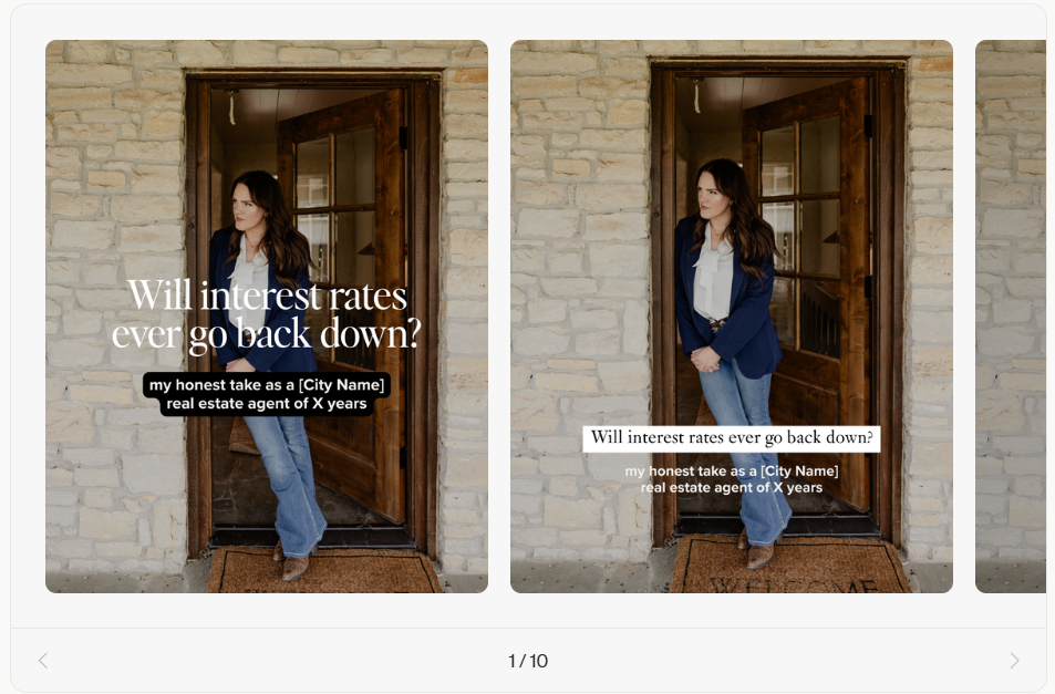 The “Will interest ever go down?” template with woman in a doorway and text about interest rates.