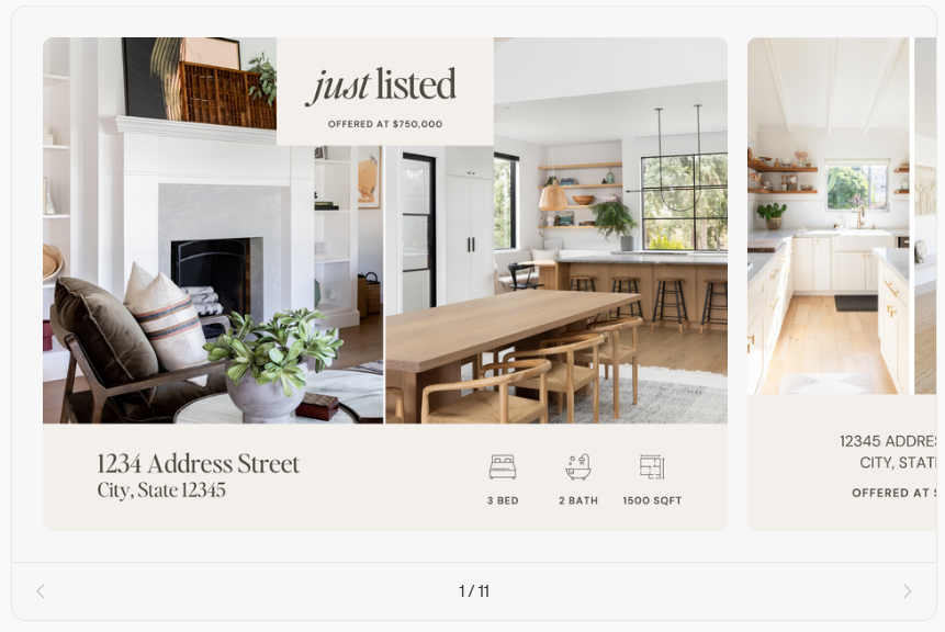 Coffee & Contracts’ “Just Listed” printable templates with interior home photos and property details.