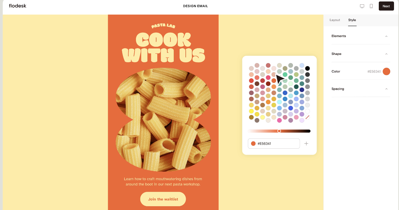 Flodesk email design editor showing a promotional pasta workshop template with headline ‘Cook With Us,’ pasta imagery and a side panel for customizing colors, layout, and design elements.
