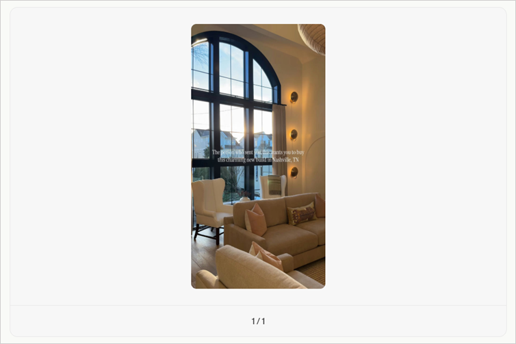Coffee & Contracts Reel template showing a living room with a tall arched window and neutral seating.