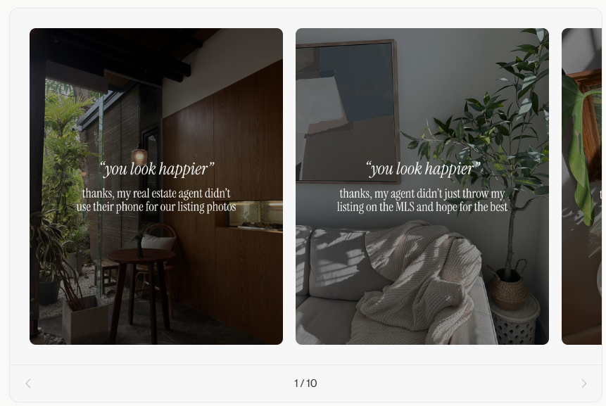 Alt text: Coffee & Contracts ‘You look happier…’ template showing home interiors with plants highlighting real estate listing quality.