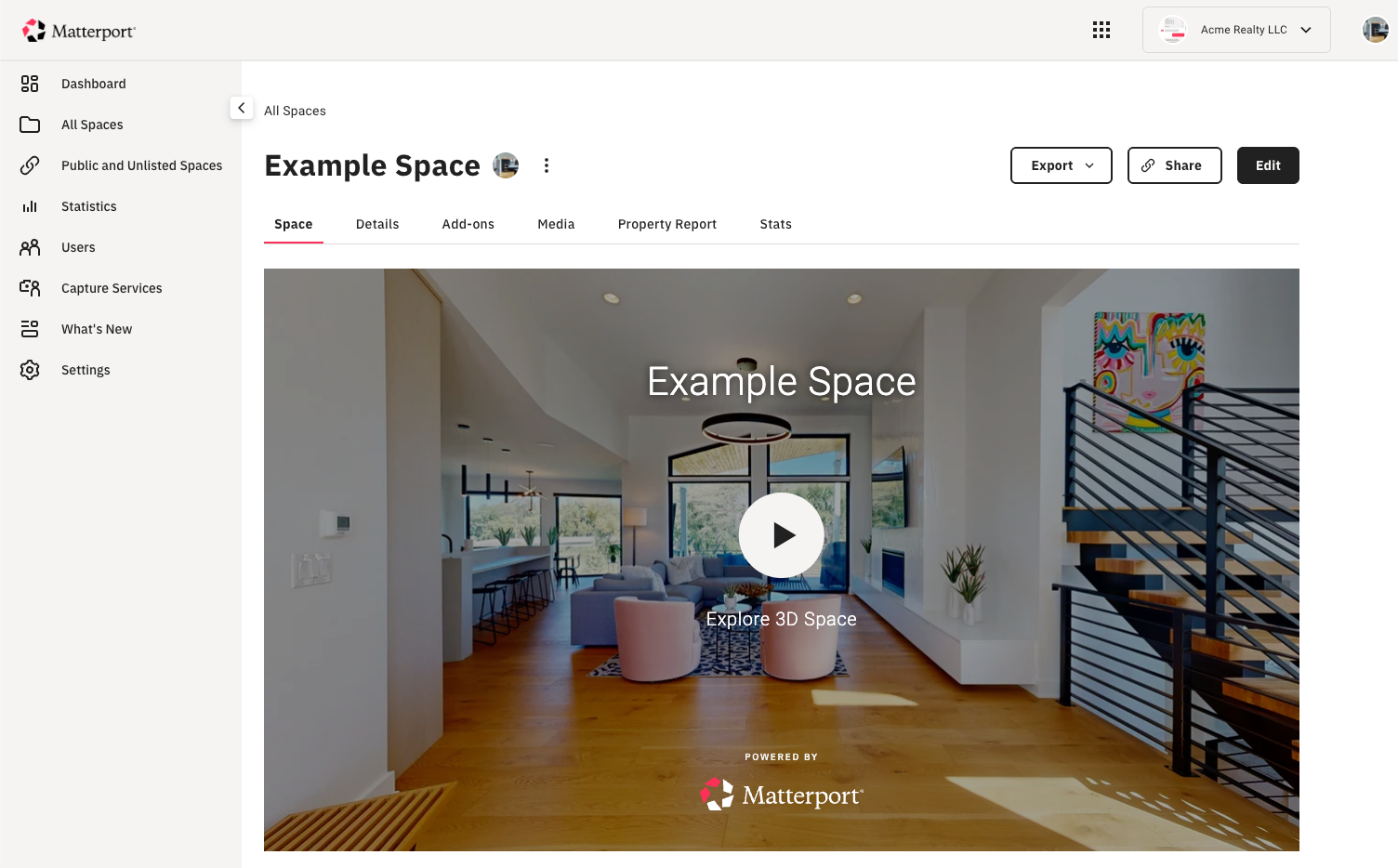 Matterport dashboard showing an example property space with a 3D virtual tour preview, including navigation tabs for space details, media, reports, and statistics, along with options to share or export.