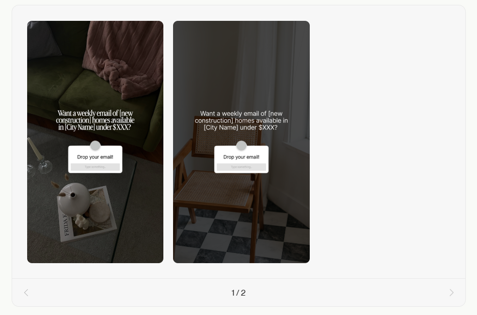 Coffee & Contracts lead capture email templates showing interior scenes with an email signup prompt for new construction homes.