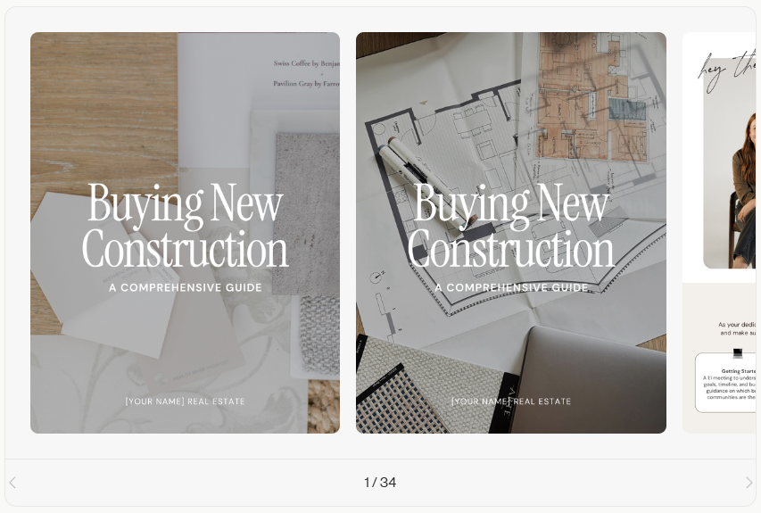 A real estate marketing lead magnet template for a ‘Buying New Construction’ guide featuring design materials and architectural plans.