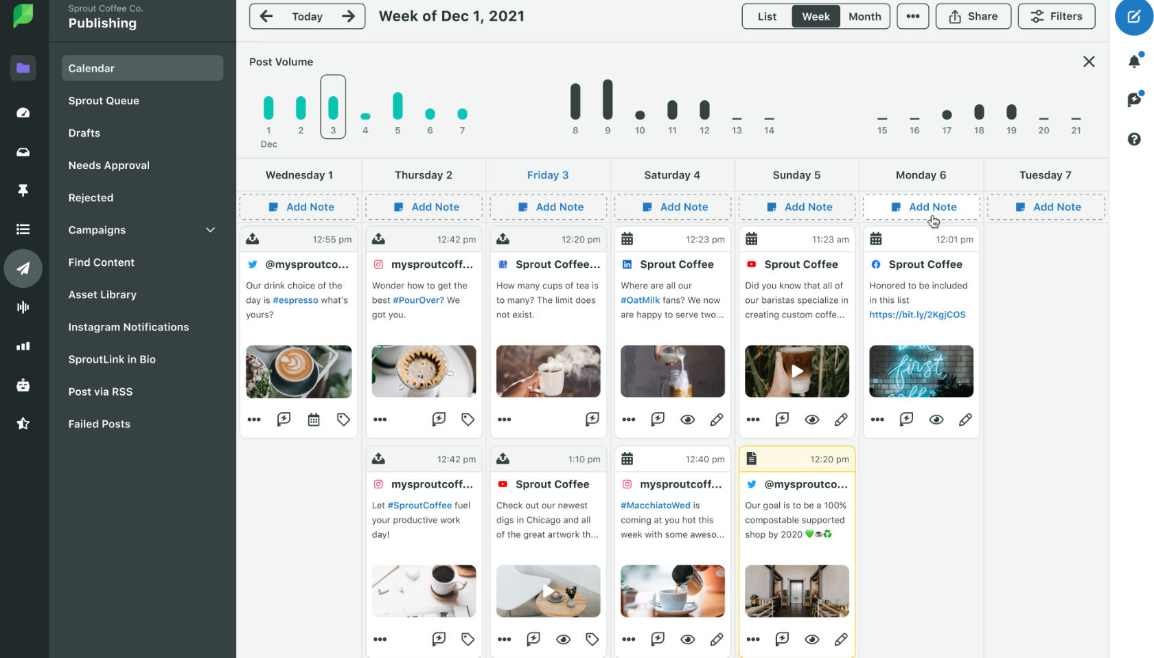 Social media publishing dashboard showing a weekly content calendar with scheduled posts for different days.