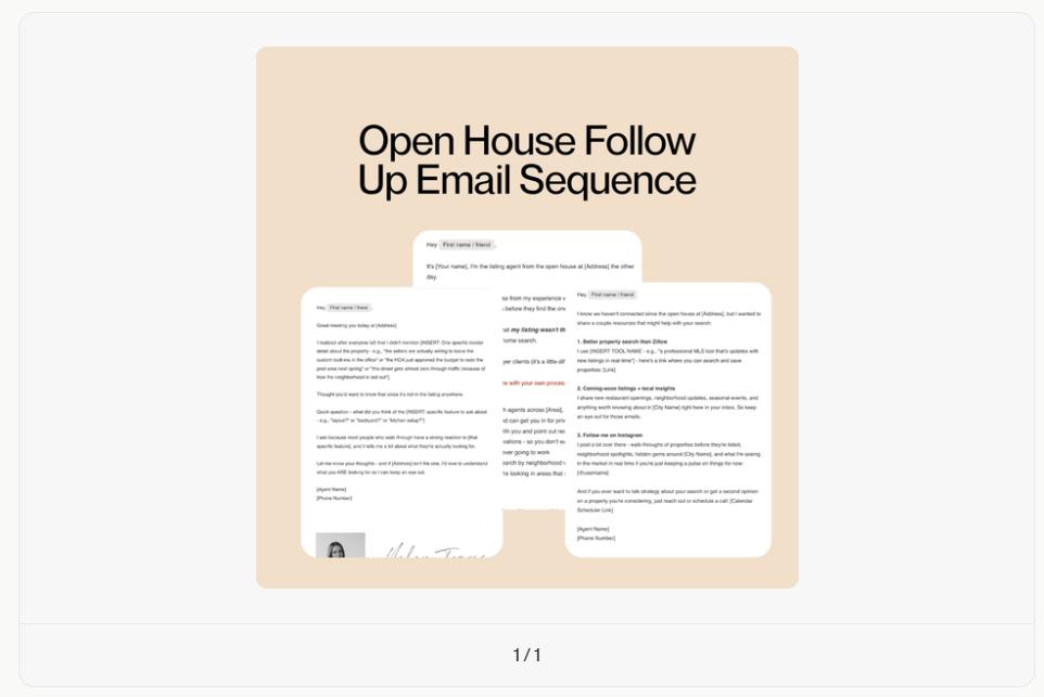 Coffee & Contracts’ Open House Follow-Up email sequence with sample emails on how to follow up with contacts after an open house event.