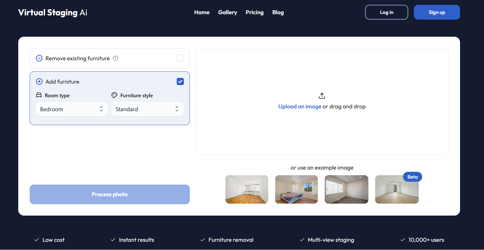 Virtual staging AI free image generation interface with options to remove or add furniture, select room type and furniture style, upload an image, and generate staged interior previews.