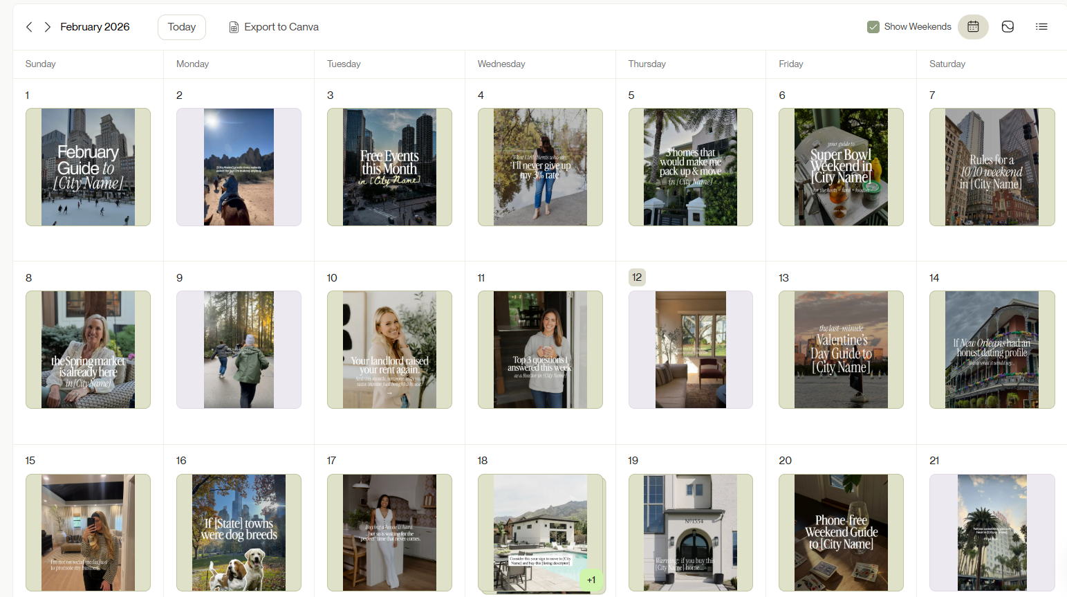 Coffee & Contracts’ custom content calendar with daily Instagram post/template suggestions.