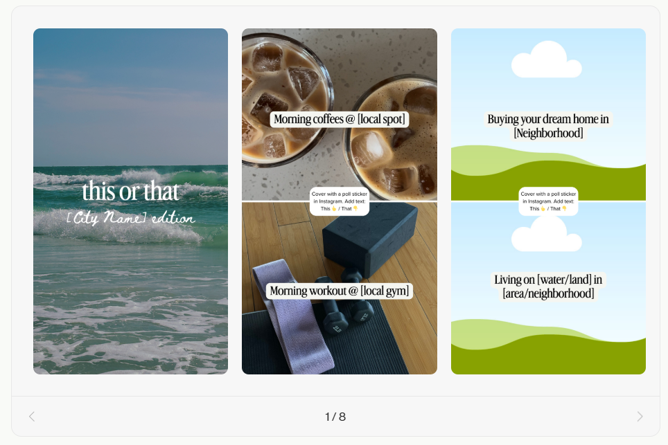 Coffee & Contracts’ ‘This or that: Local Edition’ template showing ocean waves, iced coffees, and workout gear.