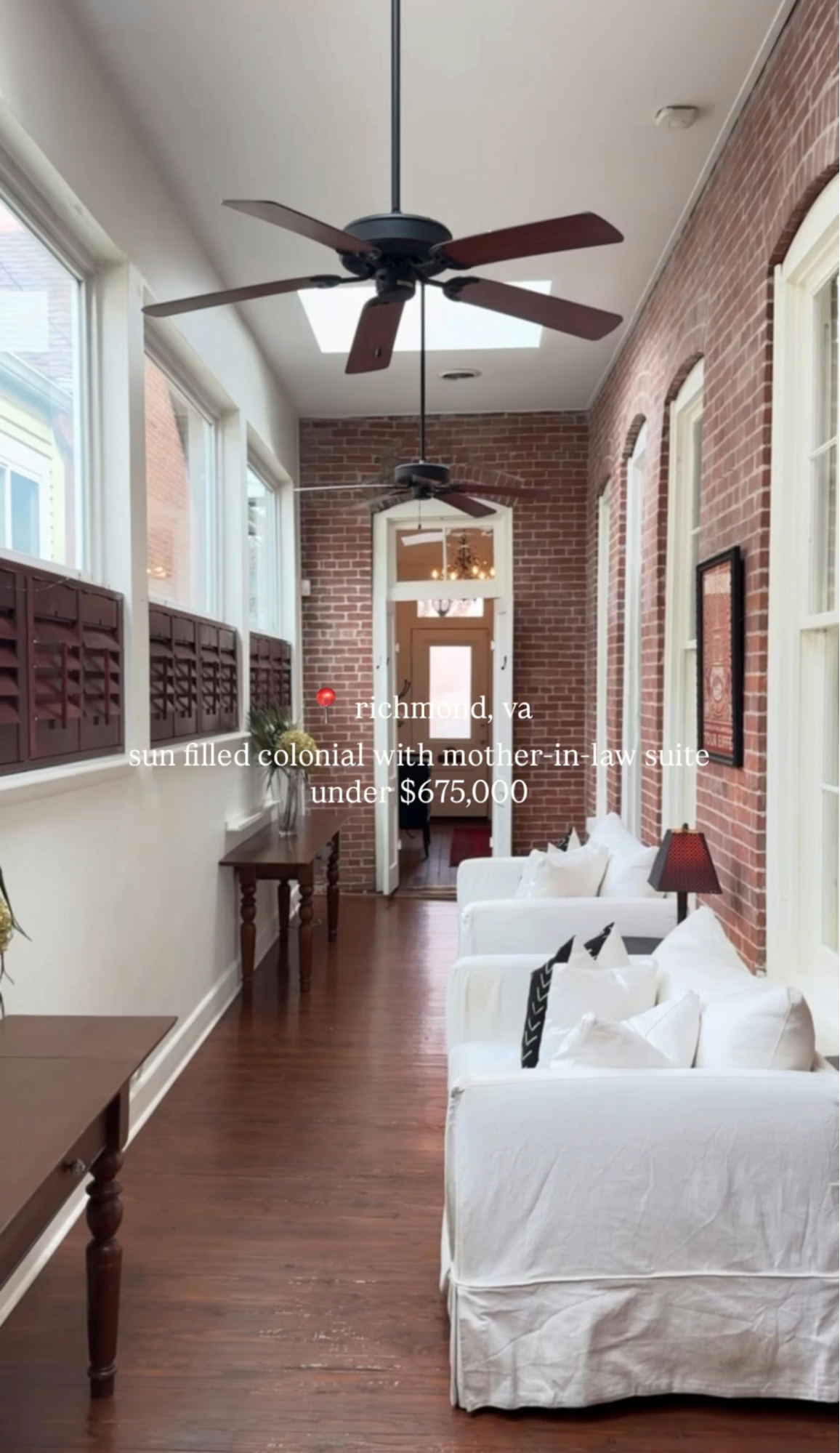 Bright brick sunroom with white seating, ceiling fans and large windows; text mentions Richmond, VA home under $675K.