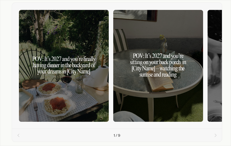 Coffee & Contracts’ ‘POV: It’s 2027’ template showing backyard dinner and porch reading scenes with text.