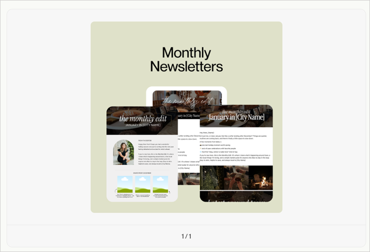he Coffee & Contracts Monthly Newsletter email template highlighting the different monthly edit email samples