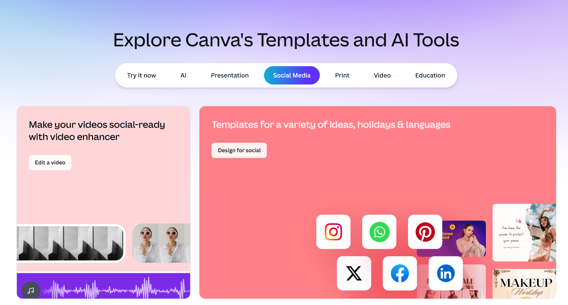 Canva home page showcasing templates and AI tools for social media.