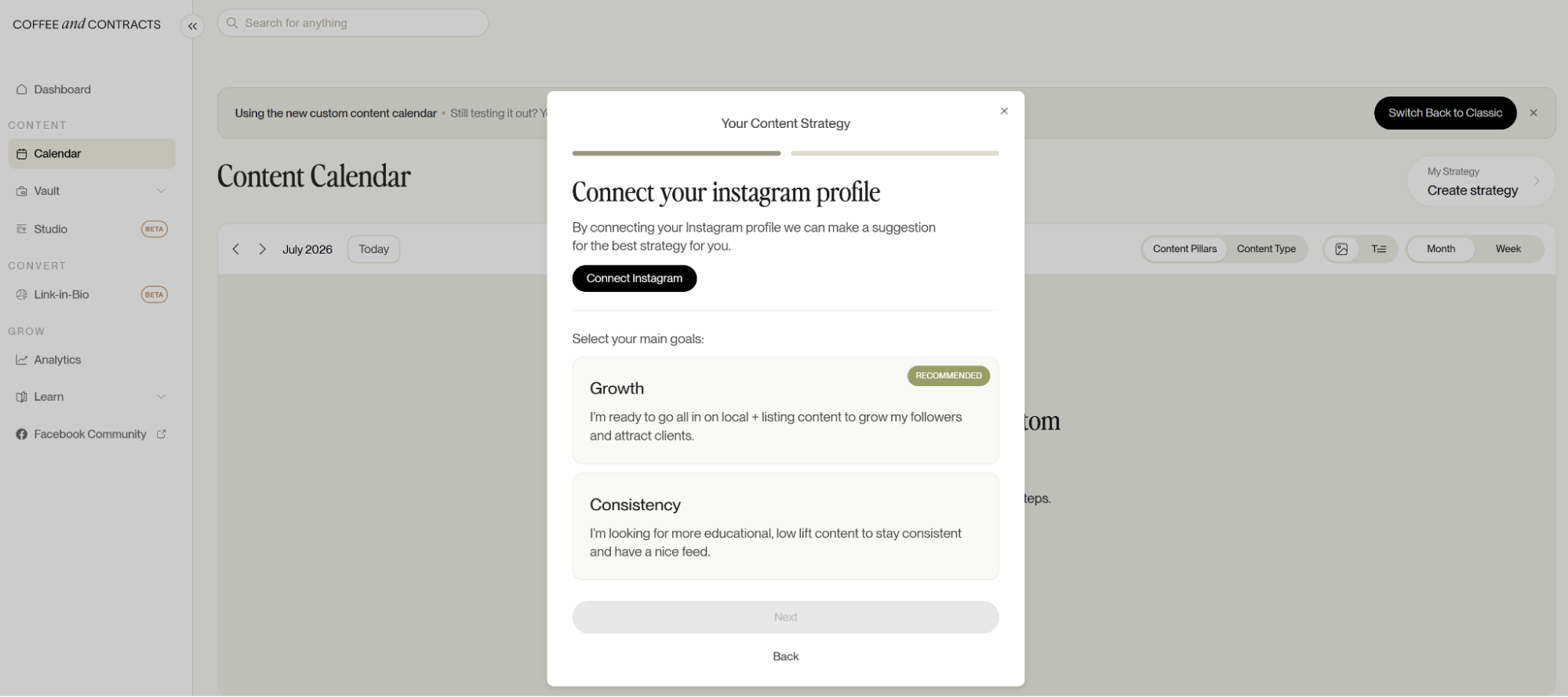 Coffee & Contracts’ content strategy builder.