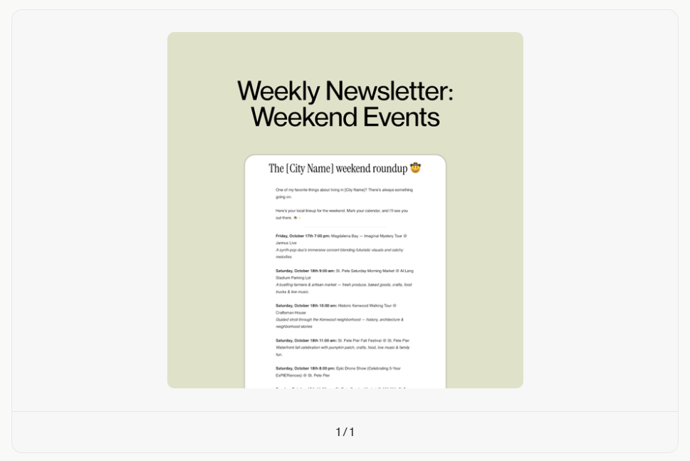 Event roundup weekly email template with a detailed monthly event list. 