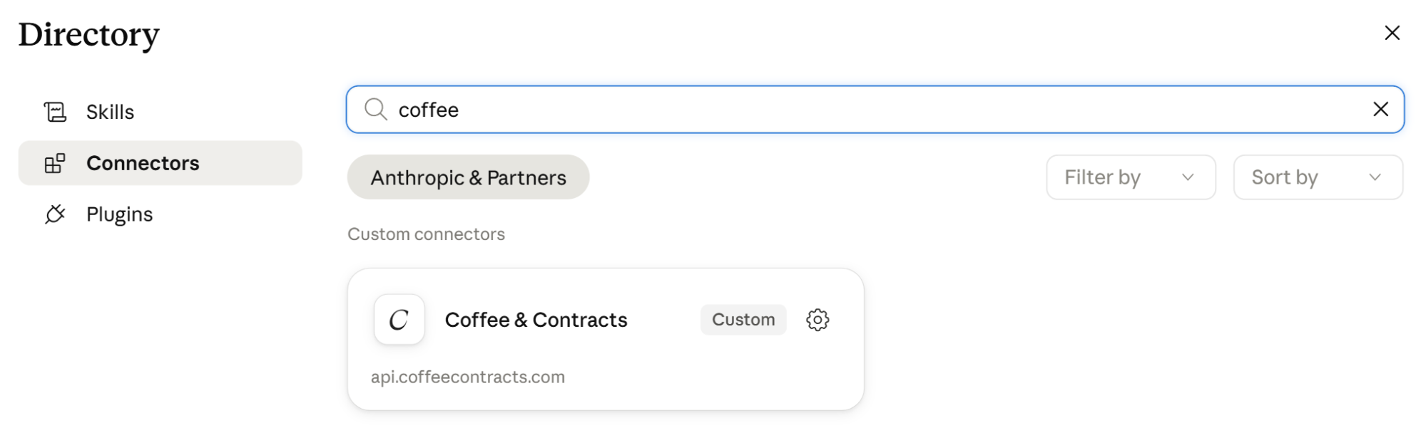 Claude’s official directory showing Coffee & Contracts’ connecto