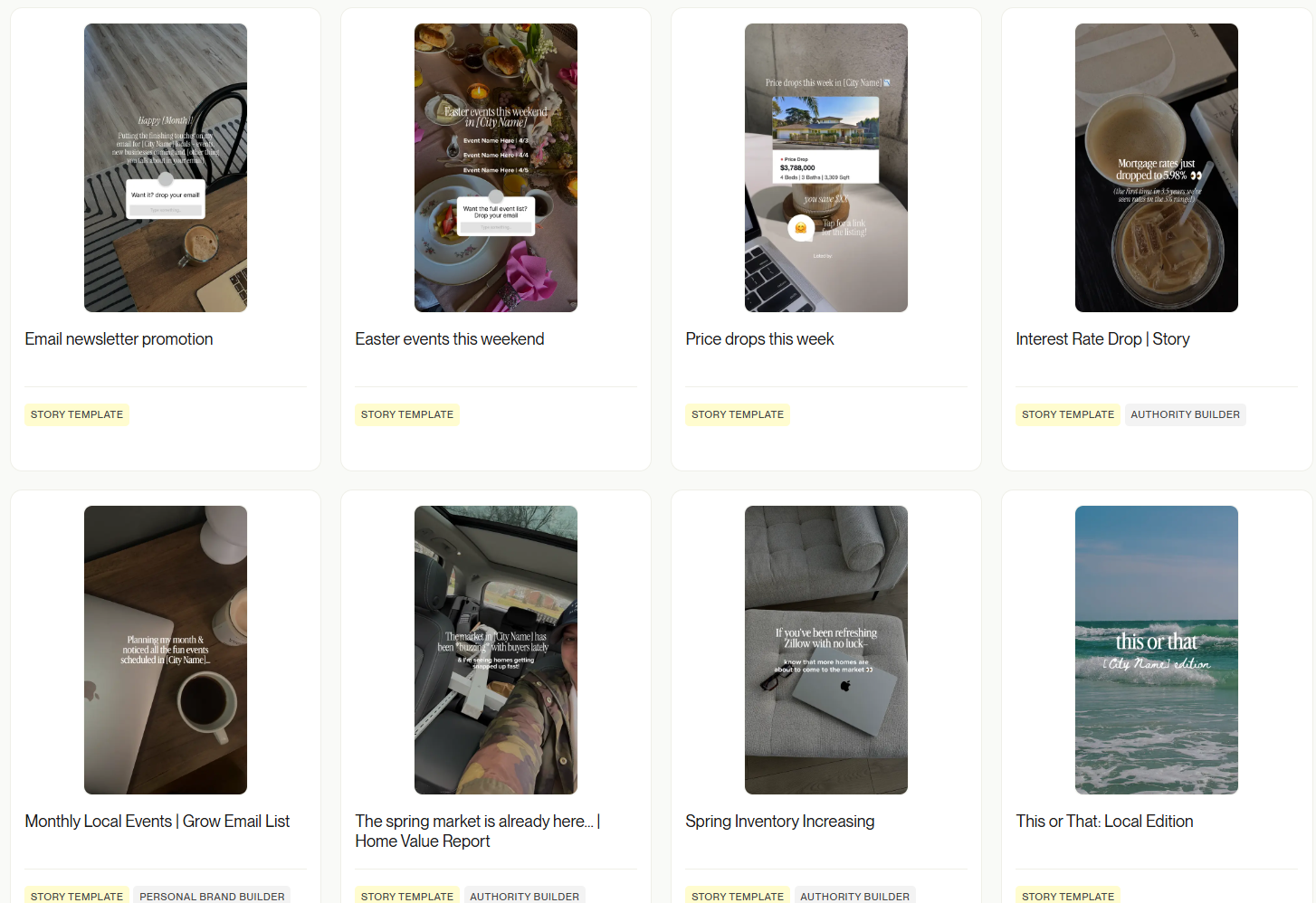 A grid of Instagram Story templates highlighting email newsletter promotion, local events, interest rate drop, and other templates.
