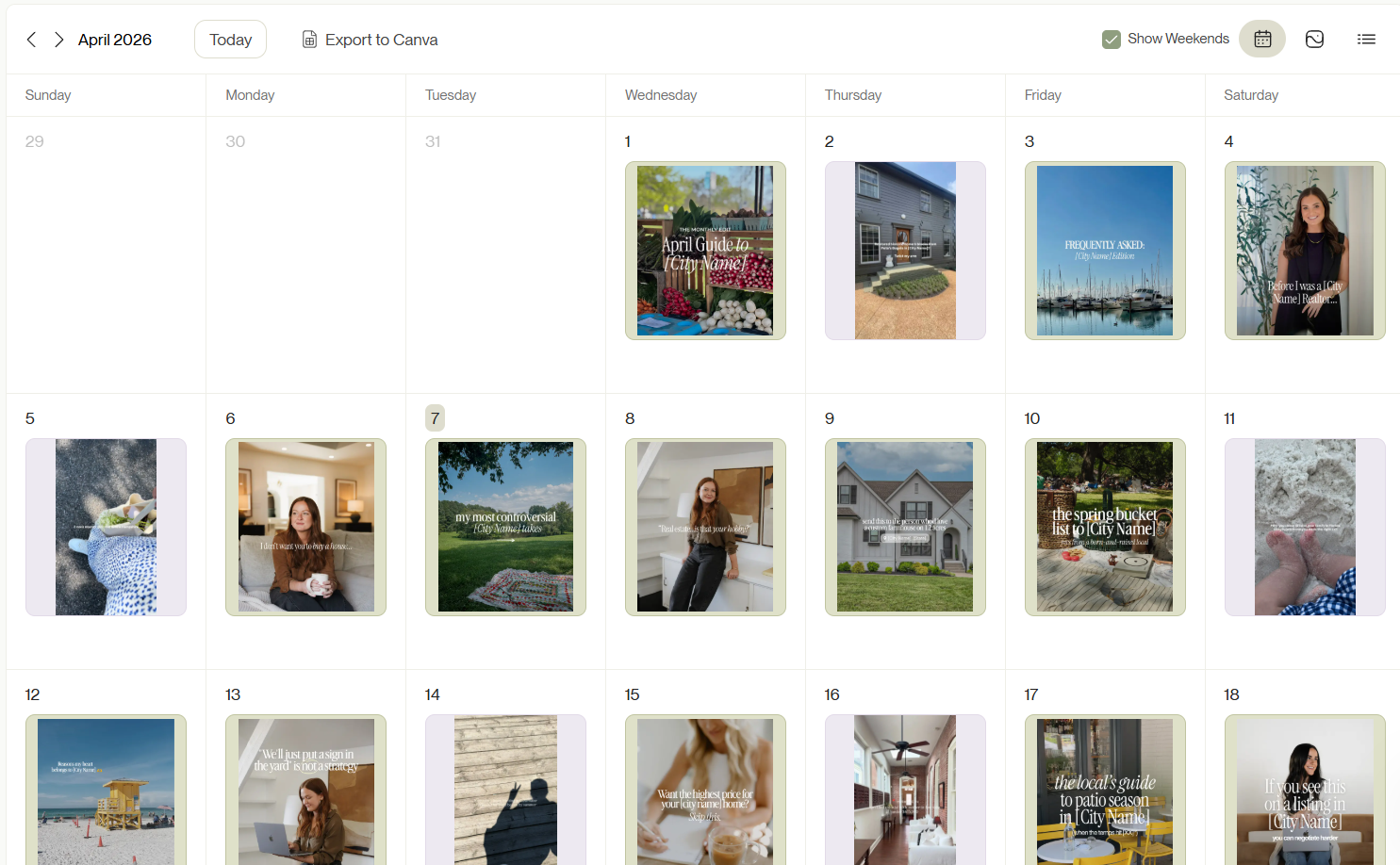 Coffee & Contracts social media content calendar for April 2026 showing scheduled real estate posts with image thumbnails across each day, including home listings, lifestyle content, and local guides.