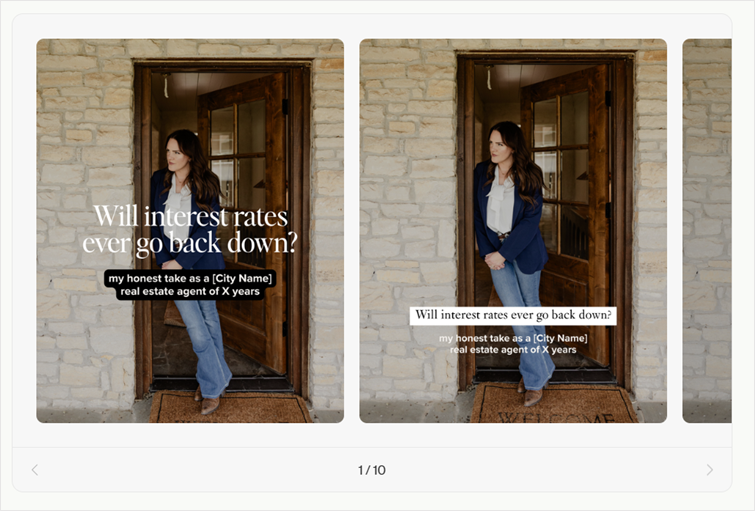 Coffee & Contracts ‘Will interest rates ever go back down?’ template showing a woman standing in a doorway with text.