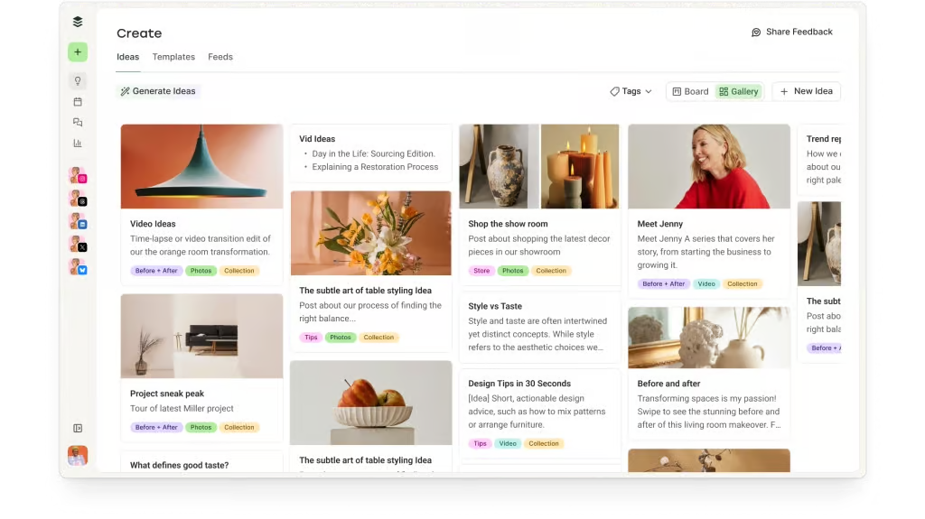 Buffer content creation dashboard displaying a gallery of idea cards with images, titles and tags.