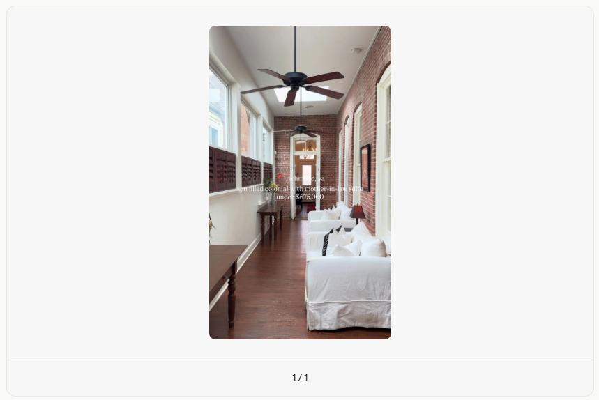 Coffee & contracts template showing bright enclosed porch with exposed brick walls, white seating, wooden floors, and ceiling fans, styled as part of a colonial-style home listing with text overlay about price and features.