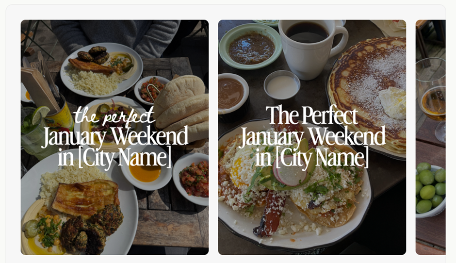 Overhead view of breakfast and brunch dishes on a table with text reading ‘The perfect January weekend in a city.’